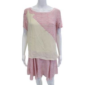 Thakoon Addition Womens Shift Dress Beige Silk Striped Short Sleeve Mini Size 6